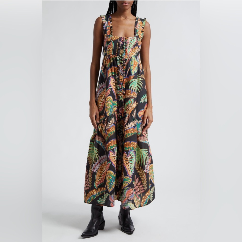 Worn Once: FARM Rio Cool Foliage Button Front Tie Back Maxi Dress